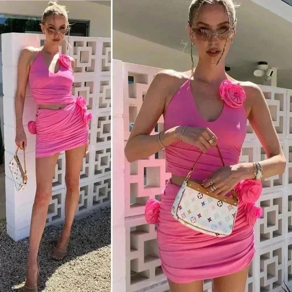 Magda Butrym Rosette Silk Jersey Pink Ruched Cutout Mini Dress 42 IT / US 6 - Picture 8 of 16